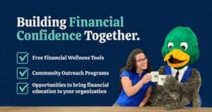 Building Financial Confidence Together graphic featuring Chesapeake Bank financial wellness tools, community outreach programs, and educational resources